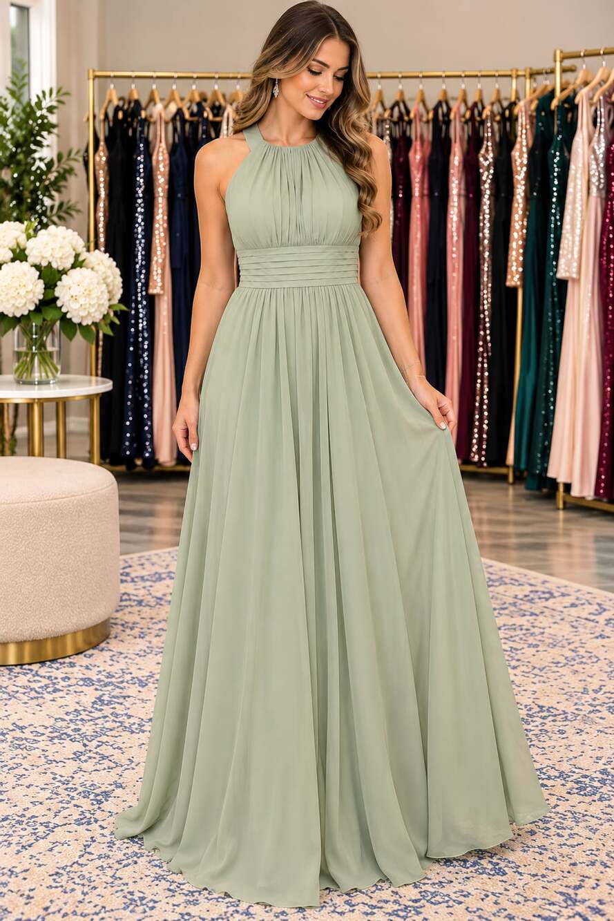 AH Bridal Sage Green Chiffon Halter Pleated Bridesmaid Formal Gown Size 6